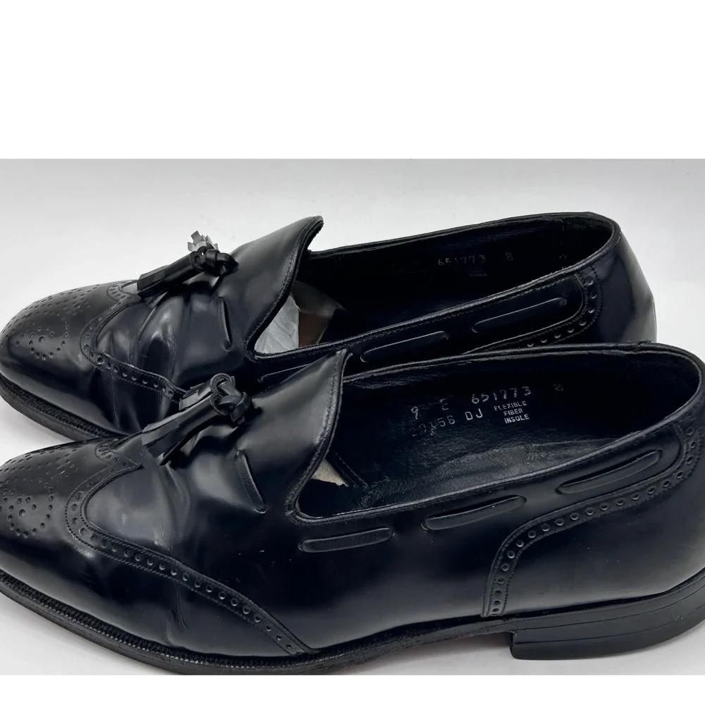 Vintage Black Leather Tassel Loafers Wingtip Slip On Dress Shoes Men's 9 E